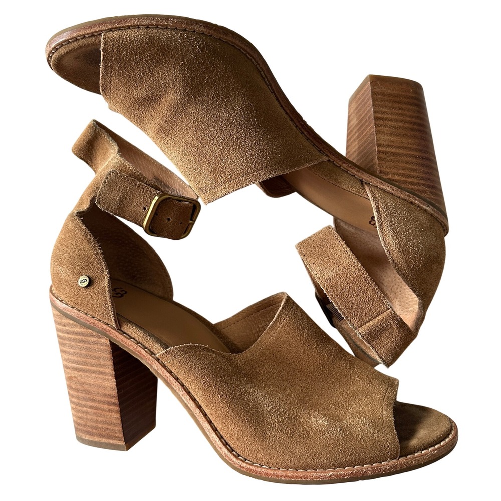 UGG Women's Aja Ankle Strap Suede Peep Toe Sandal Block Heel Sandals Tan Size 11